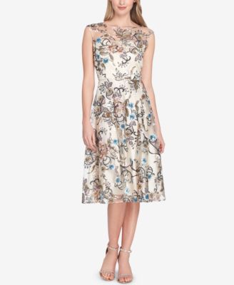 tahari embroidered fit and flare dress