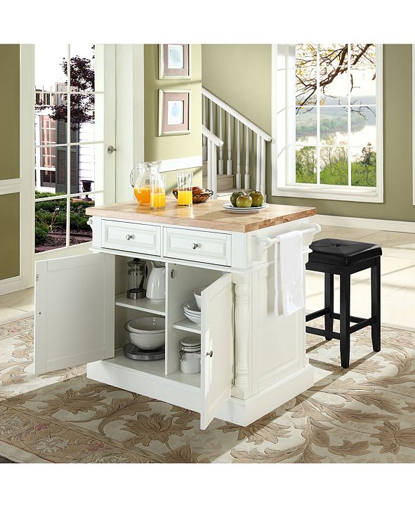Crosley Oxford Butcher Block Top Kitchen Island With 24" Upholstered Square Seat Stools