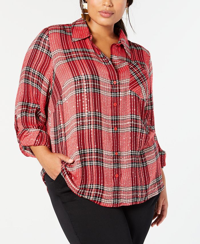 Style & Co Plus Size Sequined Plaid Shirt, Created for Macy's - Macy's