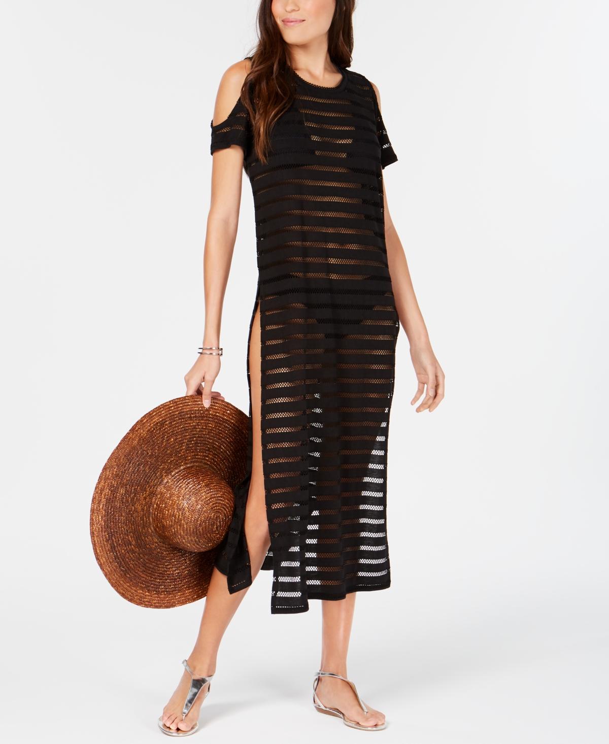 Calvin Klein Crochet Striped Cold-Shoulder Cover-Up, Created for Macy's Women's Swimsuit