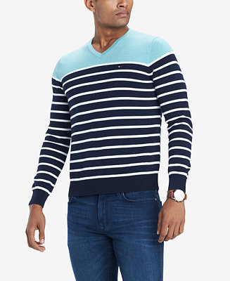 Tommy Hilfiger Men's Signature Coast Colorblocked Stripe V-Neck Sweater ...