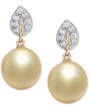 image of Cultured Golden South Sea Pearl (9mm) & Diamond (1/8 ct. t.w.) Drop Earrings in 14k Gold