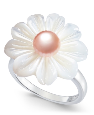image of Pink Cultured Freshwater Button Pearl (6mm) & Mother-of-Pearl Flower Statement Ring in Sterling Silver