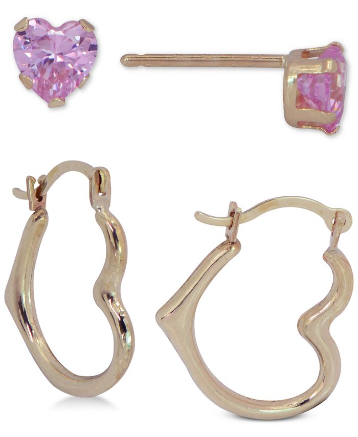 Macy's - 2-Pc. Set Cubic Zirconia Heart Stud & Polished Heart Hoop Earrings in 10k Gold