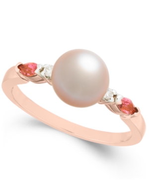 image of Pink Cultured Freshwater Pearl (7mm), Pink Tourmaline (1/5 ct. t.w.) & Diamond Accent Ring in 14k Rose Gold