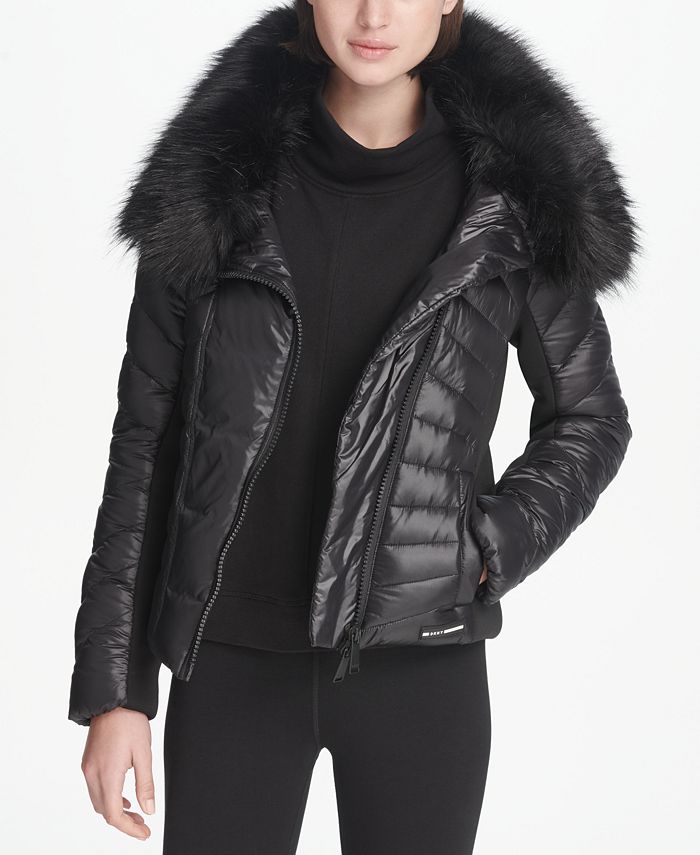 DKNY Sport Faux-Fur Collar Short Puffer Jacket, Created for Macy's ...