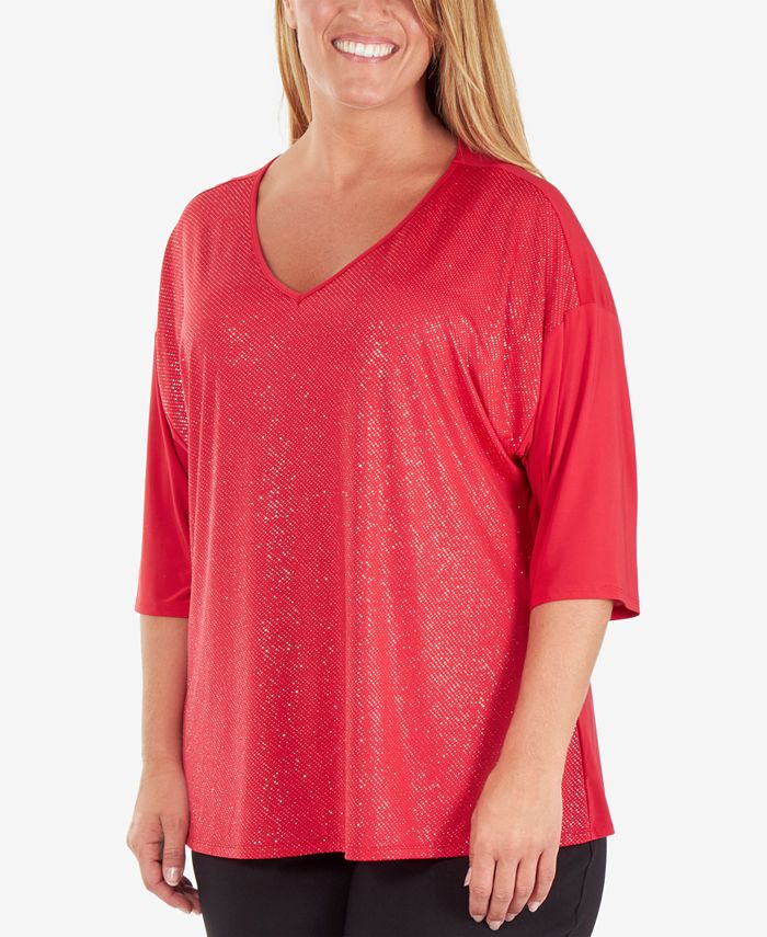NY Collection Plus Size Sequin-Front V-Neck Top - Macy's