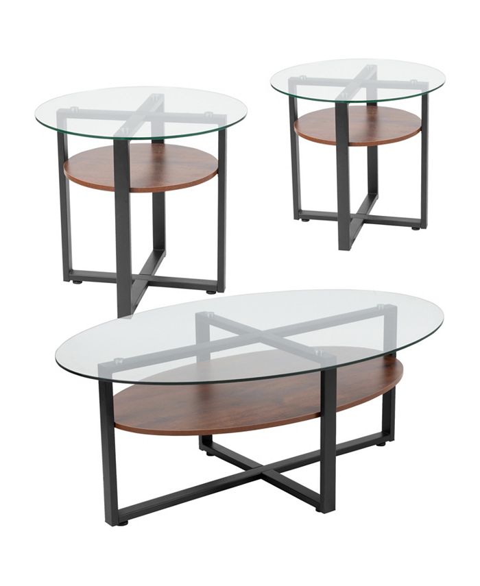 Flash Furniture Princeton Collection 3 Piece Coffee And End Table Set With Glass Tops And Rustic