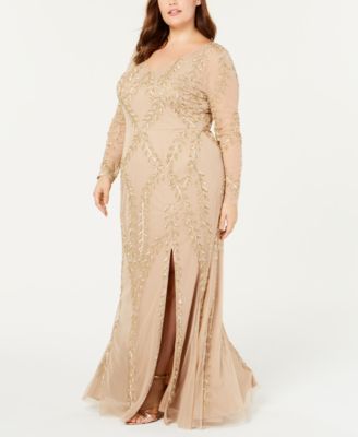 Size Long-Sleeve Beaded Evening Gown 