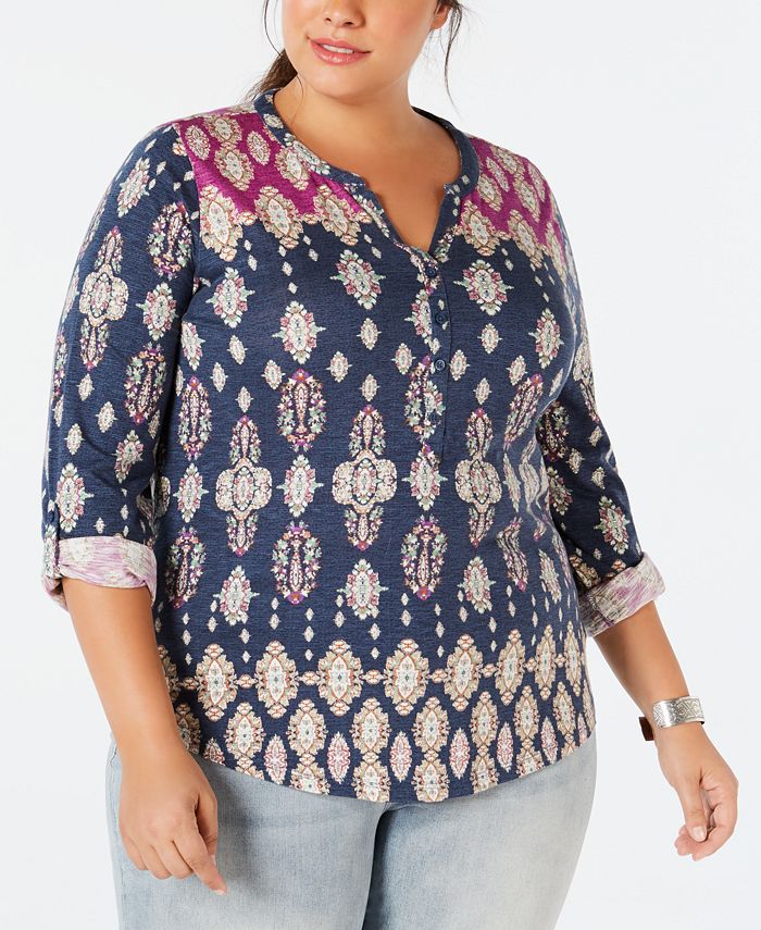 Style & Co Plus Size Printed Roll-Tab Top, Created for Macy's - Macy's