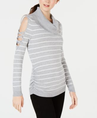 Hooked Up by IOT - Juniors' Striped Cowlneck Cold-Shoulder Sweater