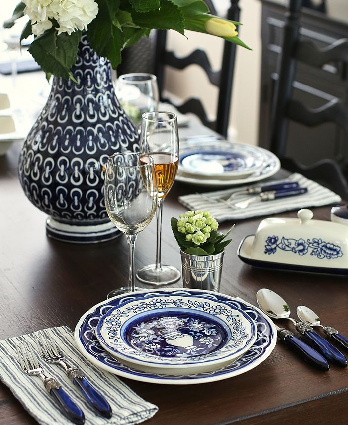 Euro Ceramica Blue Garden 16 Piece Hand-painted Dinnerware Set - Macy's