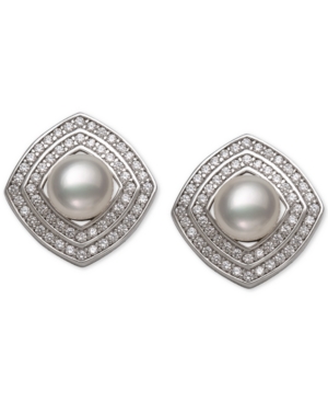 image of Cultured Freshwater Pearl (6mm) & Cubic Zirconia Square Stud Earrings in Sterling Silver