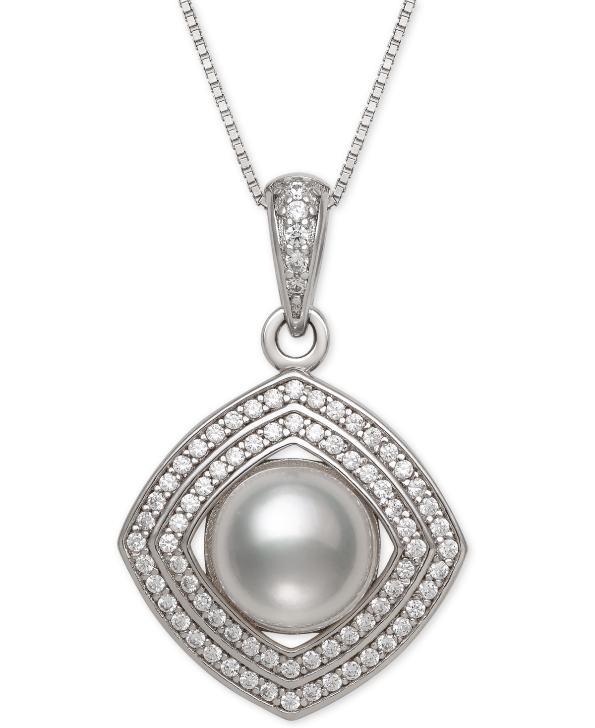Cultured Freshwater Pearl (8mm) & Cubic Zirconia 18" Pendant Necklace in Sterling Silver - Silver
