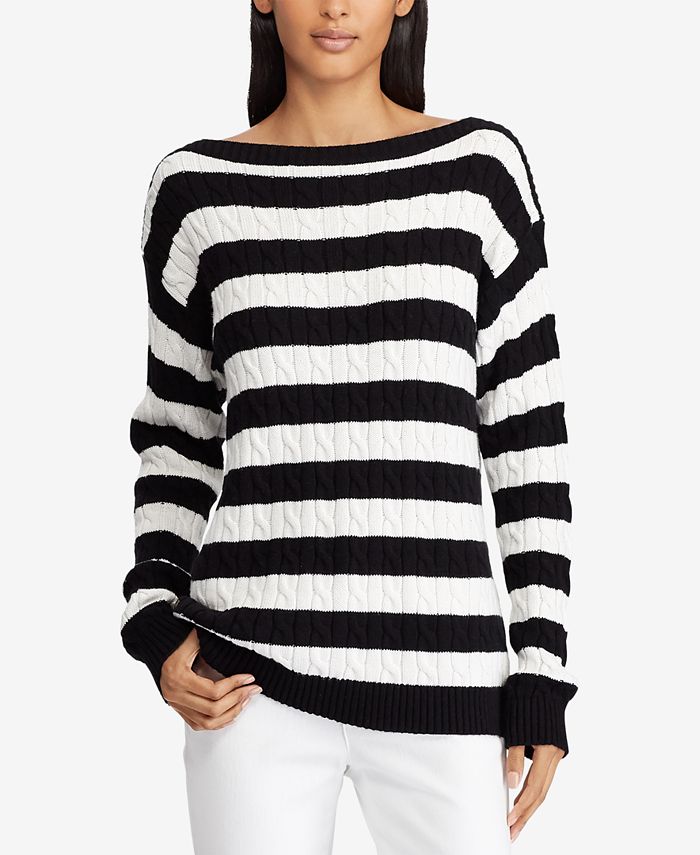 Lauren Ralph Lauren Striped Cable-Knit Cotton Sweater - Macy's