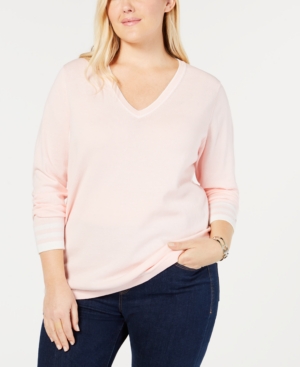 Shop Tommy Hilfiger Plus Size Cotton V Neck Sweater Created For Macy S In Ballerina Pink