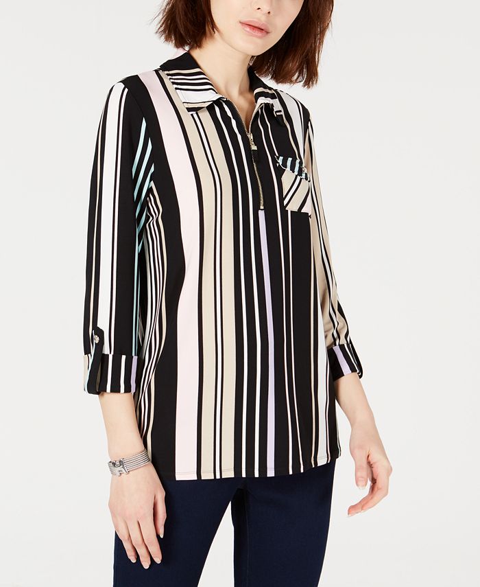 Tommy Hilfiger Half-Zip Striped Blouse, Created for Macy's & Reviews ...