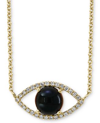 EFFY Collection - Onyx (6mm) & Diamond (1/10 ct. t.w.) Evil Eye Pendant Necklace in 14k Gold, 14-1/2" + 2" extender