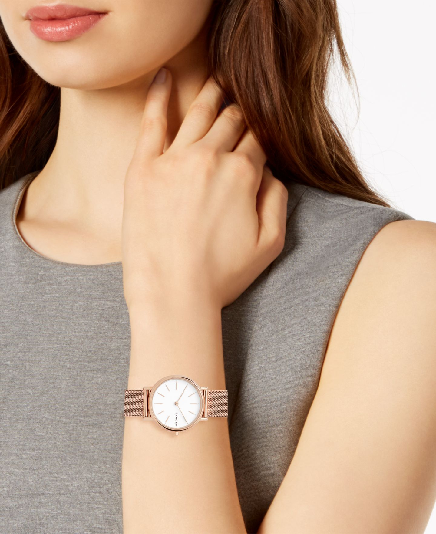 Женские часы Skagen Signatur Slim Rose Gold-Tone Stainless Steel Mesh Bracelet Watch 30mm — фото 4