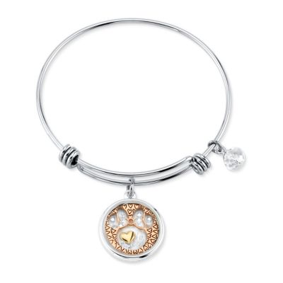 Photo 1 of Disney's Tri-tone Crystal Minnie Mouse Glass Shaker Adjustable Bangle Bracelet in Stainless Steel with Silver Plated Charms for Unwritten