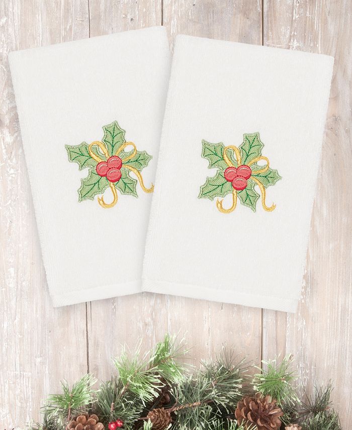Linum Home - Textiles Christmas Holly Bunch - Embroidered Luxury 100% Turkish Cotton Hand Towels Set of 2