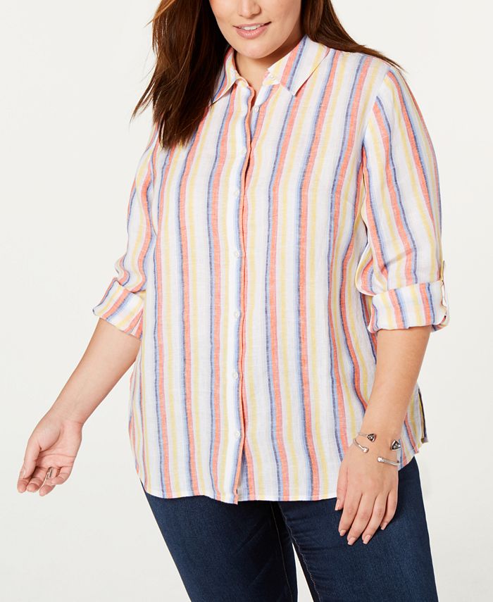 Charter Club Plus Size Striped Linen Shirt, Created for Macy's - Macy's