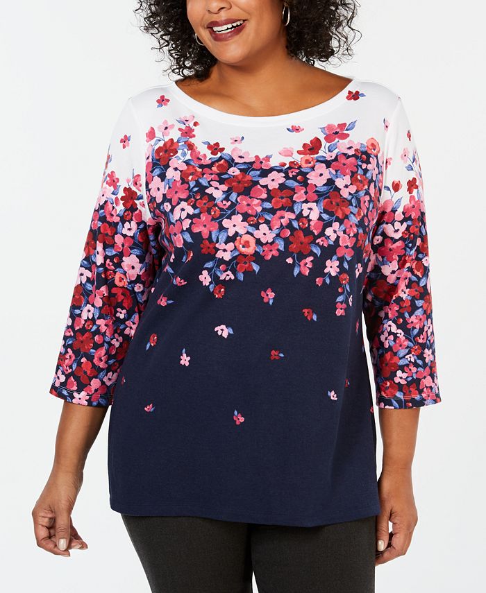 Karen Scott Plus Size Floral-Print Boat-Neck Top, Created for Macy's ...