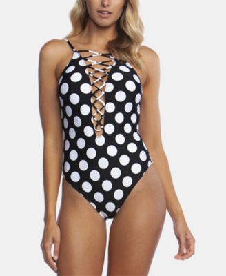 La Blanca - Dot Lace-Up Strappy-Back Tummy Toner One-Piece Swimsuit
