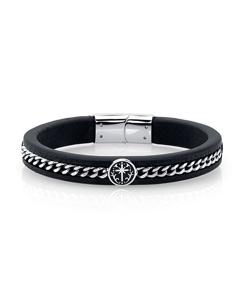 He Rocks Black Leather and Cross Design Stainless Steel Chain Bracelet ...