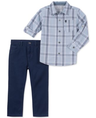 NEW Baby boys Pure cotton plaid short-sleeved shirt jeans out//2pc Fit 2-7T