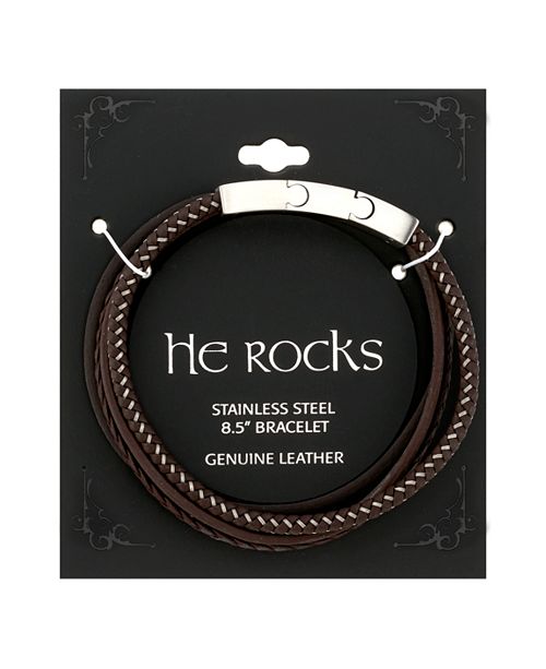 He Rocks Brown Leather and Stainless Steel Triple Wrap Bracelet, 8.5 ...