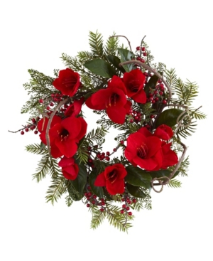 Nearly Natural 24" Amaryllis Wreath In Red