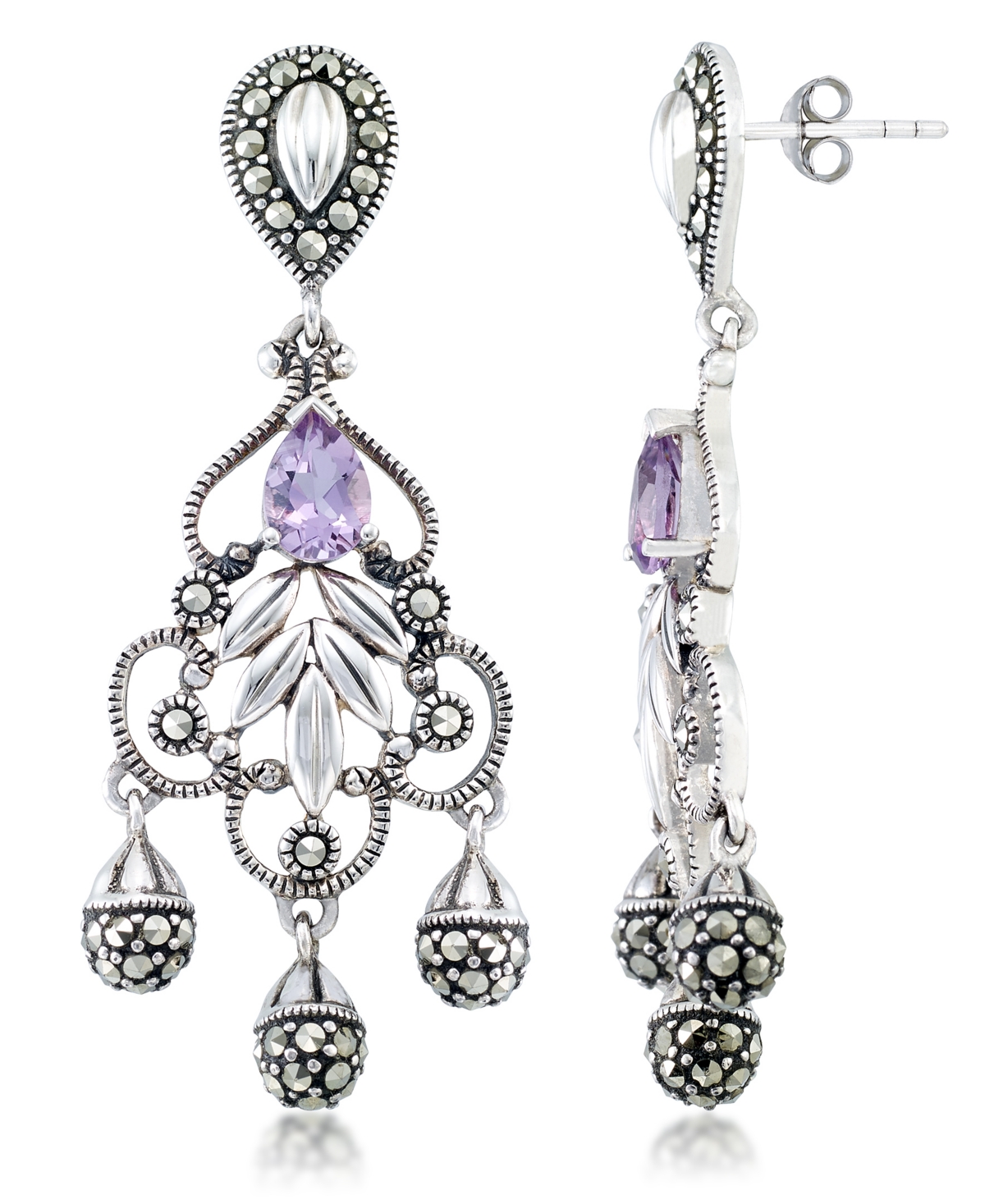 (1 ct. t.w.) & Marcasite Chandelier Earrings in Sterling Silver - Amethyst