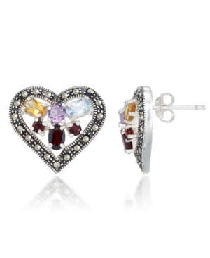 image of Multi-Color Stones & Marcasite Heart Earrings in Sterling Silver