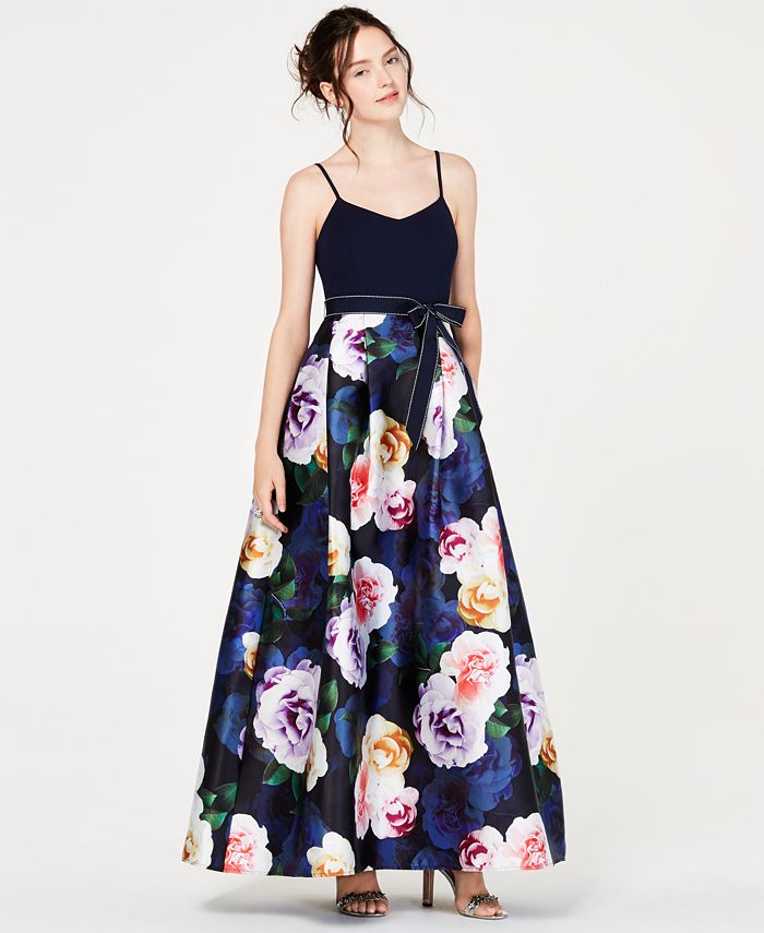 Teeze Me Juniors' Solid-Top Floral-Skirt Gown, Created for Macy's ...