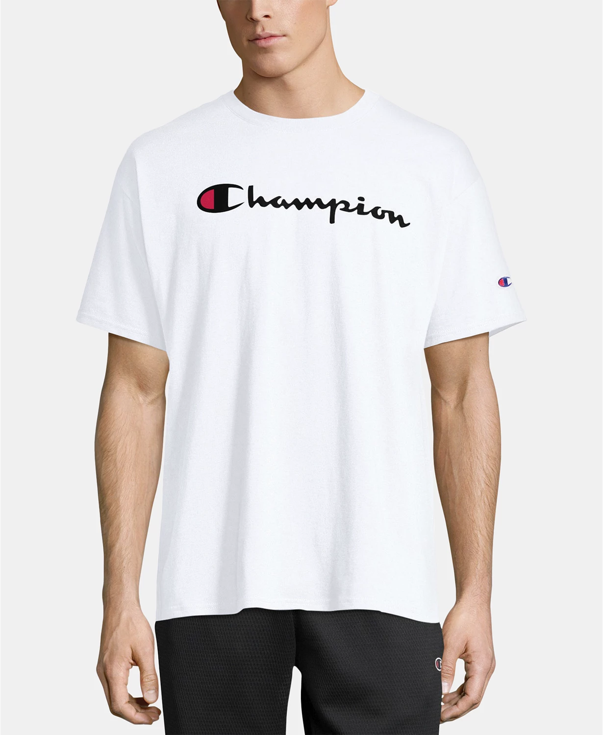 Champion men's script logo tee; oversized t-shirt for teenage girls and guys