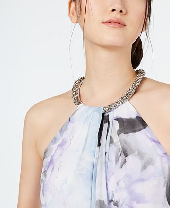 Calvin klein printed halter ruffle gown on sale