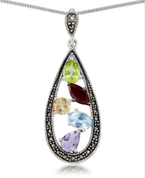image of Multi-Color Stones & Marcasite Teardrop Pendant on 18
