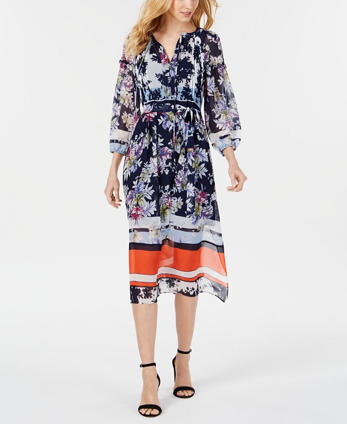 Taylor Long-Sleeve Printed Border Midi Dress - Macy's