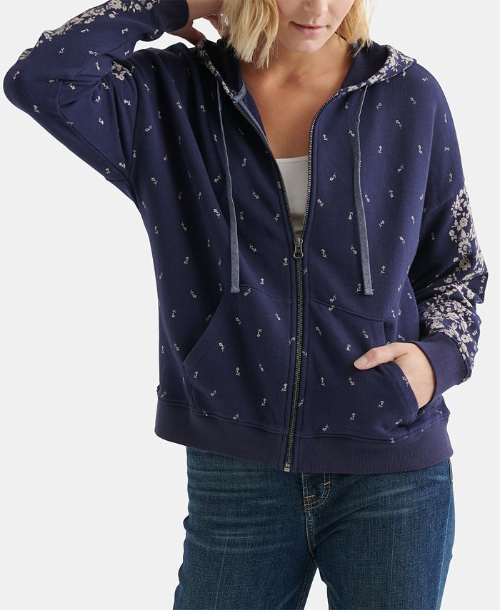 Lucky Brand Cotton Floral-Print Zip-Front Hoodie - Macy's