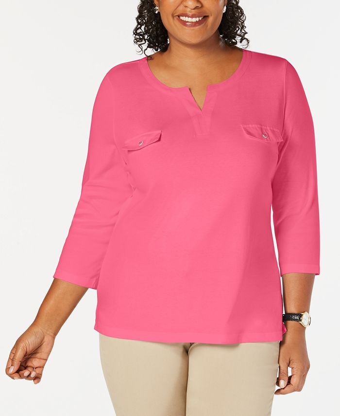 Karen Scott Plus Size Cotton Split-Neck Top, Created for Macy's - Macy's