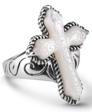 American West White Mother of Pearl Carved Cross Ring in Sterling Silver