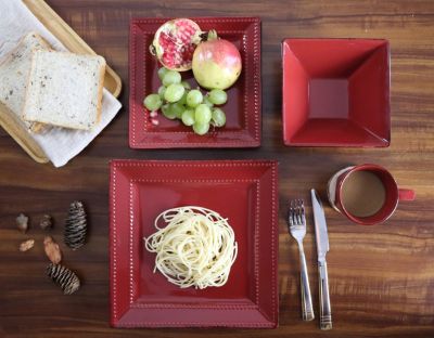 16 Piece Square Beaded Stoneware Dinnerware set, Service for 4