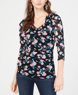 INC Ruched-Waist Mesh-Trim Top, Created for Macy's - Macy's