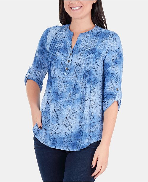 NY Collection Printed Pintucked Roll-Tab Sleeve Top & Reviews - Tops ...