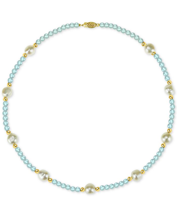 Macy's - Cultured Freshwater Baroque Pearl (10-11mm) and Aquamarine (36 ct. t.w.) 18" Necklace in 14k Gold