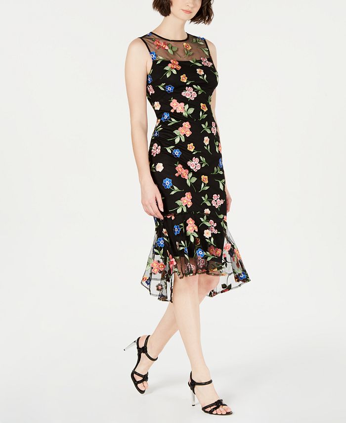 Calvin Klein Embroidered Floral-Print Flounce Midi Dress - Macy's
