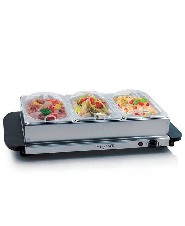 MegaChef Buffet Server & Food Warmer with 3 Removable Sectional Trays , Heated Warming Tray and Removable Tray Frame - Silver