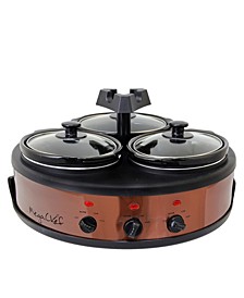 Round Triple 1.5 Quart Slow Cooker and Buffet Server in Brushed Copper and Black Finish with 3 Ceramic Cooking Pots and Removable Lid Rests