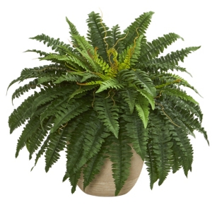 Nearly Natural 22" Boston Fern Artificial Plant In Sandstone Planter In Green